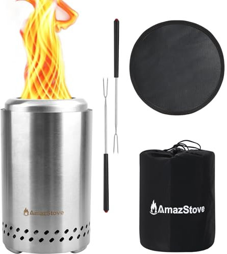 AmazStove Tisch-Feuerstelle mit drehender Flamme, raucharmer Ofen, für den Außenbereich, sicheres Brennen von Feuerstellen, Pellets oder Holz, Reisetasche, Matte und Gabeln im Lieferumfang enthalten