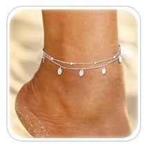 ESHIONER Bracelet De Cheville Pour Femme Acier Inoxydable Argenté Bicouche Pied Plage Coeur Pendentifs Bracelet Etanche Bijoux Bracelets Chaine De Cheville Femme