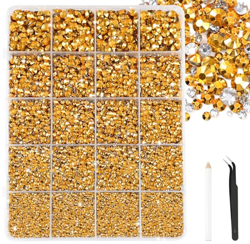 Bouiexye Gold Strasssteinen Set 28000 Stück Nailart Strasssteine Mit 1 Pinzette und Stift Geeignet für die DIY Dekoration von Kleidung Schuhen Nagelkunst Malerei usw