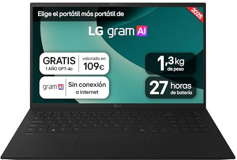 LG gram 15ZD80T-G.AX55B Portátil 15, FreeOS, AMD Ryzen AI 5, 16 GB RAM, 512GB SSD, AMD Radeon Graphics 860M, Pantalla IPS (1920x1080), Ligero, 1.290 g, 27 Horas, AI, Negro