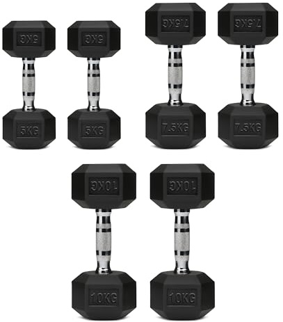 Shark Power Gear Hex Dumbbell Set, 5 kg, 10 kg, 15 kg Pairs, Rubber-Coated, Chrome-Plated Steel Handle, Black