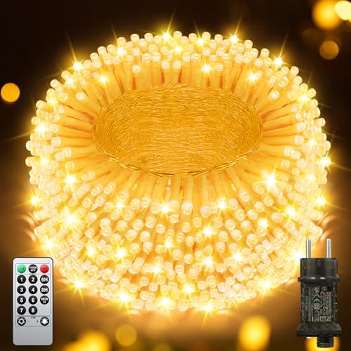 Lichterkette Außen 108M 900 LED, Warmweiß Lichterkette Außen Strom mit Timer Speicherfunktion, Transparente Kabel, Wasserdicht 8 Modi Weihnachtsbeleuchtung für Außen Innen Garten Baum Weihnachten