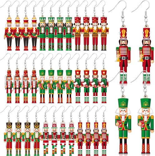 Nosiny 36 Pair Christmas Nutcracker Earrings Set for Women Wood Nutcracker Soldier Earrings Festive Xmas Jewelry for Christmas party Gifts