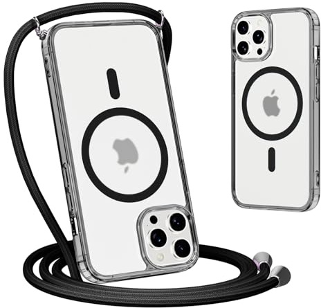 Yoedge Magnética Funda con Cuerda para iPhone 16 Pro, Compatible con MagSafe, Carcasa Mate Translúcida Delgada Silicona Anti-Choque Antiarañazos Protector Case con Ajustable Correa Colgante, Negro