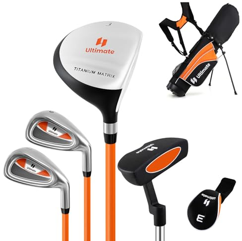 LIFEZEAL Juego de Palos de Golf para Niños Diestros, #3 Fairway, Hierros #7 y #9, Putter, Bolsa con Soporte y Capota, Equipo de Golf para Niños y Niñas de 8 a 10 Años (Naranja)