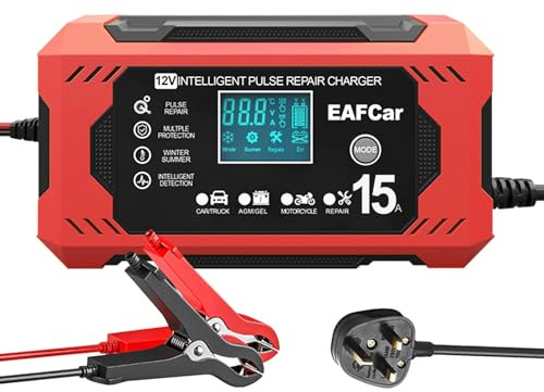 EAFCSZ Car Battery Charger, 12V 15Amp Automatic Smart Charger Monitor Battery with LCD Screen Temperature Compensation, Intelligent Charges, Repairs, Maintains Car Motorcycle Boat Mower Battery (15A)