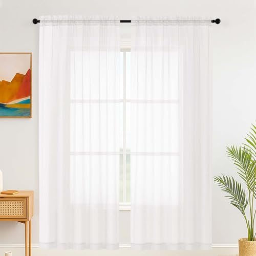 Simplebrand White Sheer Curtains for Living Room 220 cm Length Panels Set - Light Filtering, Rod Pocket Window Home Voile Curtains & Drapes for Bedroom, Elegant Drapes (White, 150cm W x 220cm L)