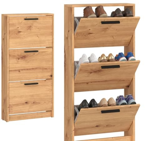 Step Up Schuhschrank Schuhkipper Schmal 3 Klappen Tiefe 18 cm Artisan Eiche | Schlankes Schuhregal für den Flur, geräumige Fächer für Ordnung, platzsparende Kippfunktion, versteckte Aufbewahrung
