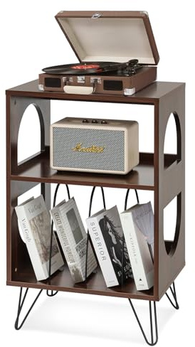 Awhtixbo Retro Record Player Stand, Fits 7/10-inch Records, 3-Tier Vinyl Record Storage Side Table Holds 160 Albums, Wood CD Record Cabinet with Metal Legs for Living Room, Bedroom, Study, Brown