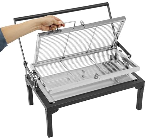 Faltbarer Holzkohlegrill, Tragbarer Campinggrill, Barbecue-Holzkohlegrill mit um 360 Grad drehbarem Grillrost, Einstellbarer Picknickgrill für Outdoor Garten Party 68 * 38 * 35cm