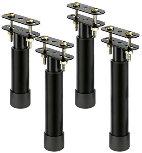 Lot de 4 Pieds de Lit Réglables en Hauteur 25-42cm – pour Lit Surélevé, Support pour Sommier à Lattes, Pied Central, Rangement sous Lit, Noir Antidérapant – Installation sans Perçage, Caoutchouc