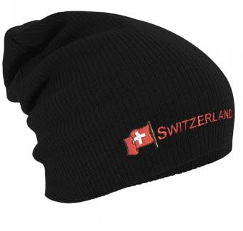Longbeanie Slouch-Beanie Mütze Schweiz mit Fahne 54599 Farbe schwarz