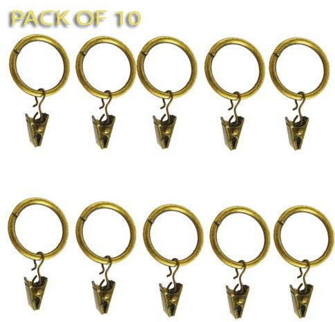 Pack of 10 Metal Curtain Rings with Clips, Pole Rod Voile Net Curtain Drapery Hanging Rings with Hooks (Antique Brass)