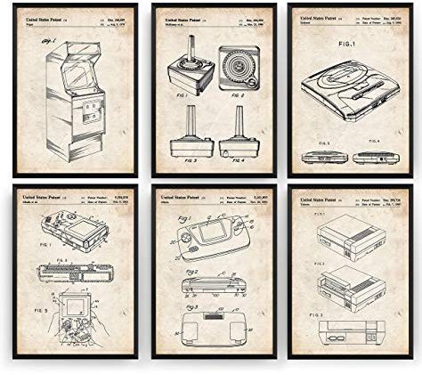 Magic Posters Gaming Patent Prints - Set Of 6 - Gamer Poster Gift Vintage Blueprint Retro Girls Boys Video Games Room Wall Art Bedroom Original Decor Merchandise Classic Old - Frame Not Included