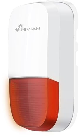 Nivian–Sirena inalámbrica Compatible con Sistema de Alarma Nivian–Apta para Interior y Exterior Resistentes al Agua–Alerta lumínica y Sonora de 95dB–Incluye batería de Respaldo-Fácil instalación