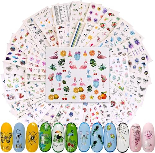 PHOGARY 60 Sheets Flower Nail Decals (Wasserrutsche Nagelaufkleber) für Frauen Mädchen Gel Nails Art Design - Flower Butterfly Flamingo Blätter Katze Boho Spitzenmuster gemischt, über 1000 Stück