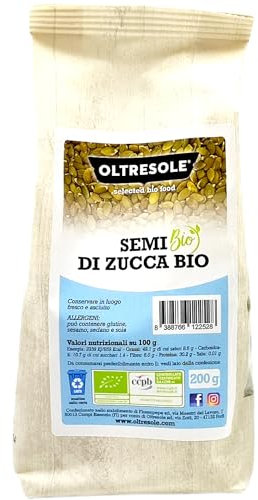 Oltresole - Semi di zucca biologici già sgusciati, ricchi di vitamine e nutrienti, formato da 200 g