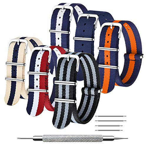 CIVO, Nato-Uhrenarmband, 6 Stück (16 mm, 18 mm, 20 mm, 22 mm, 24 mm) Riemen aus ballistischem Nylon, Zulu-Riemen, Edelstahlschnalle mit Federsteg und Verbindungsnadel-Werkzeug, Bond + Leinen Blau + Rot Weiß Blau + Navy + Blau Weiß + Kürbisblau, 18mm, Band