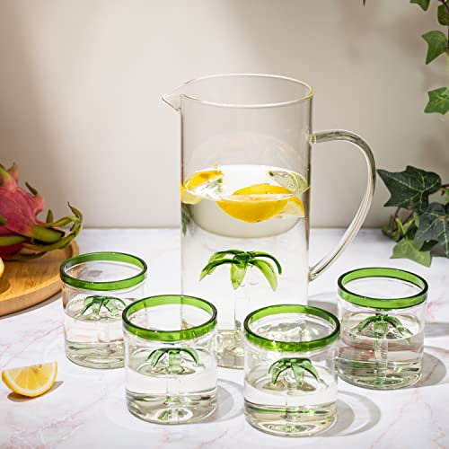 The Wine Savant Palm Tree Pitcher & 4 Glasses Set Decanter with 4 Glasses 9oz by - Elegant Glass Set, Great for Water Iced Tea, Sangria, Lemonade, and More! 1300ml 9 H
