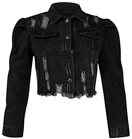 Womens Denim Jacket Cropped Ripped Denim Coats Puff Sleeve Slim Fit Short Denim Jacket Black&Blue Button Down Jeans Outwear Ladies