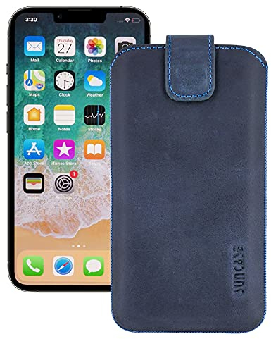 Suncase ECHT Leder Tasche kompatibel mit iPhone 13 PRO (6,1 Zoll) mit ZUSÄTZLICHER Transparent Hülle | Schale | Silikon Bumper Handytasche (mit Rückzugsfunktion und Magnetverschluss) in Pebble Blue