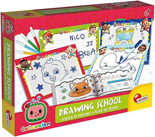 Lisciani - CoComelon - Zeichenschule mit 4 abwischbaren Tafeln und Stift | Zeichenset - 4 abwischbare Tafeln, 1 Marker und ein Übungsheft - Zeichnen Schritt für Schritt üben und wieder löschen
