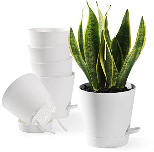 Qaobo Plant Pots 6 PCS 5 inch Self Watering Planters High Drainage Flowers Pot for Indoor Outdoor Plants with Reservoir Tray and Watering Lip Gardening Planter Garden Flower Pots, White