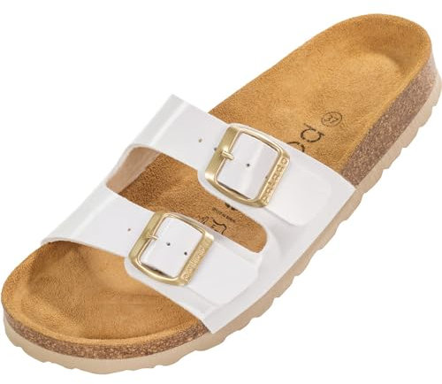 Palado Pantoletten Damen Milos Lack – elegante Sandalen Made in Spain - bequeme Hausschuhe mit Kork-Fußbett - modische Sommerschuhe Weiß UK7 - EU40