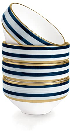 fanquare Gold Gestreift Suppenschalen Keramik Set, 4 Stück Pasta Salatschüsseln Weiß, Japanische Ramen Schalen, Müslischalen Bunt