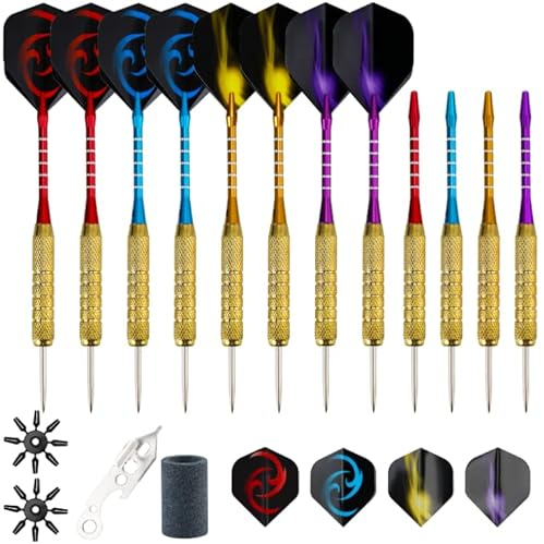BELLE VOUS 12er Pack Profi Dartpfeile Steeldart - Dartpfeile 18 g Dartpfeile Metallspitze & Bunte Aluminium-Dart Schäfte, Flights & Protektoren - Dart Zubehör Werkzeugsatz mit Anspitzer - 4 Farben