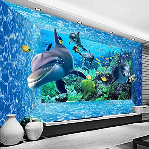 BOVZOX Vlies Tapeten Wandtapete Unterwasser & Delfine 3D Wandbild Tapete Vlies Tapete Wandtapete Tapete Wohnzimmer Wanddekoration Fototapete 3D Tapete Effekt Wandbild Größe:W150CMxH105CM