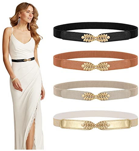 WERFORU 4 Stück Damen Dünne Elastische Gürtel Mode Blattlegierung Schnalle Dehnbar Dünner Taillengürtel für Kleider Schwarz/Braun/Beige/Gold
