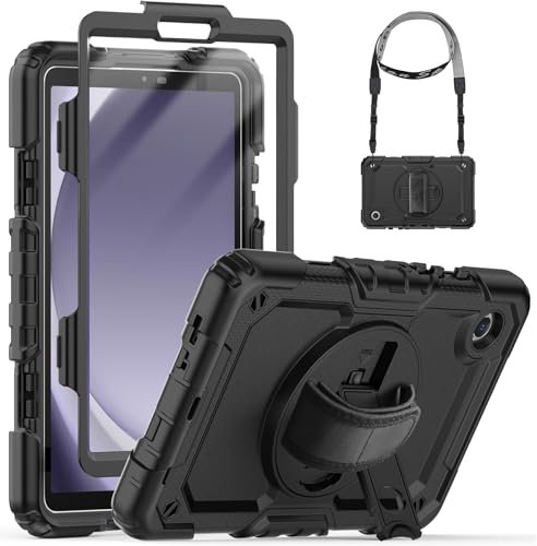 SEYMCY Case for Samsung Galaxy Tab A9 8.7 inch 2023, Full Body Shockproof with Screen Protector, 360° Rotating Hand Strap & Stand, Shoulder Strap for Samsung A9 Tablet Case, Black