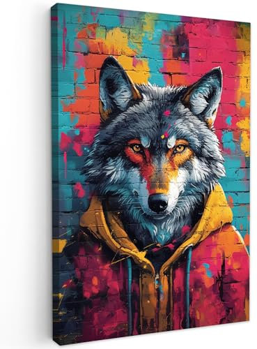 MuchoWow© Leinwände 40x60 cm Wall Decoration Bilder für die Wand Schlafzimmer Deko Pictures Canvas Painting Wanddekoration Wohnzimmer Graffiti - Wolf - Street Art - Wilde Tiere