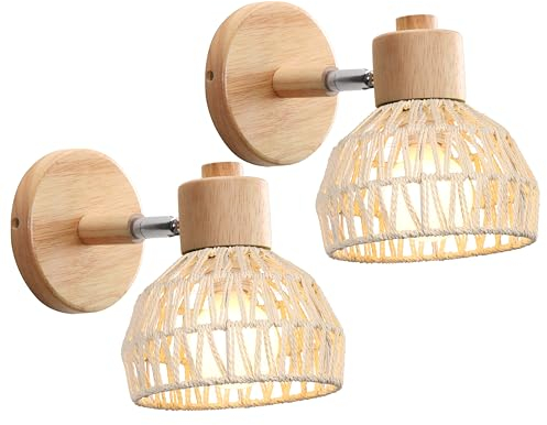 iDEGU 2 Stücke Wandleuchten Innen Retro Wandlampe aus Holz Rattan Halbkreis Lampenschirm Vintage E27 Verstellbare Wandspot Industrie Lampe für Schlafzimmer Wohnzimmer Flur Café (15cm, Weiß Rattan)