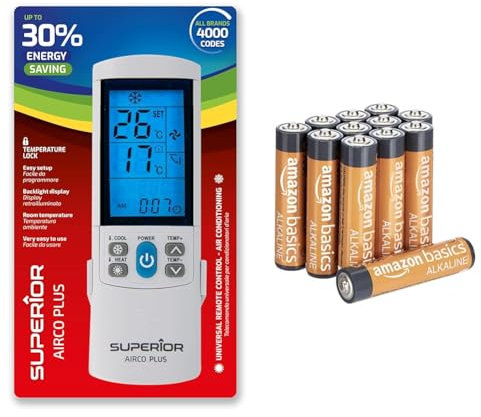 Superior Electronics Airco Plus 8K, Control Remoto Universal para acondicionadores de Aire & Amazon Basics - Pilas Alcalina AAA Performance, Paquete de 12, Diseño Variable