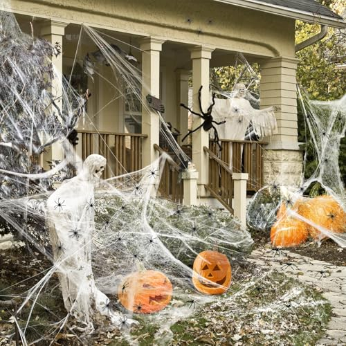 AMLOOPH Spinnennetz Halloween Deko Set, 120g Weiß Dehnbare Spinnweben Halloween Spinnennetz Dekoration Mit 40 Plastik Spinnen für Halloween Deko Outdoor Garten Gruselig Innen Horror Party Dekoration