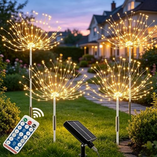 XRR Luci Solari per Giardino, 4 Pezzi 120 LED Solare Fuochi D'artificio IP65 Impermeabile 8 Modalità Luce Solare Led Esterno per Giardino Sentieri Terrazze Prato Natale Décor(Bianco caldo)
