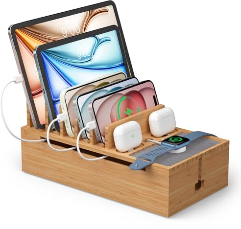 Pezin & Hulin Bambus-Ladeständer, Holz-Ladebox für Handys, Tablets, Smartwatch und Ohrhörer, Kabel-Organizer-Box, Nachttisch-Dock-Ständerhalter (kein Netzadapter), natürlich