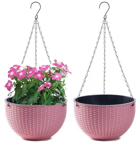 WOWEI 2 Pack Hanging Basket Outdoor Self Watering Hanging Plant Pot with Water Reservoir & Drain Hole Outdoor Hanging Baskets for Plants with Chains for Garden Flower Planter (Pink, L)