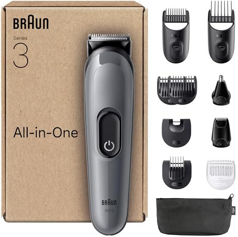 Braun Kit De Rasage Tout-En-Un Series 3, 11-En-1, Lame Ultra-Affûtée, 14 Longueurs, Coupe Précise Pour Visage Et Cheveux, Autonomie De 50 Min, Style Facile Et Rapide, AIO3565, Gris