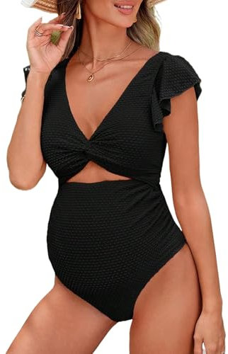 Happy Cherry Maillot de Bain Grossesse Femmes Une pièce Bikini de Maternité Col en V Maillot de Bain Enceintes avec Coussinet de Poitrine Amovible Noir M