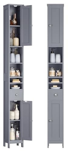 VASAGLE Badschrank, Badezimmerschrank, hoch, schmaler Aufbewahrungsschrank, mit verstellbaren Ablagen, Schublade, offenen Fächern, für kleine Räume, modern, Taubengrau BBC765G02