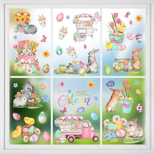 ensterbilder Ostern, 9 Blätter Fenstersticker Ostern Selbstklebend,Wiederverwendbare PVC Fensterbilder Ostern,für Kinderzimmer Ostern Deko (farbig C)