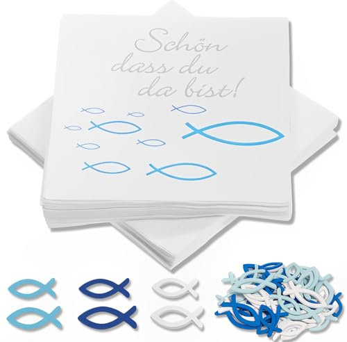 MOAZIFI 40 Stück Servietten Und 60 Stück Holz Fische Deko, 'Schön, dass du da bist!', Servietten Kommunion, Servietten Konfirmation, Servietten Taufe, Für Konfirmation﻿, Kommunion, Taufe
