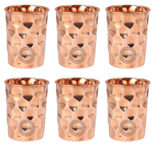 Bicchieri in rame puro Set di 6 bicchieri per acqua potabile Ayurveda Health Pure Tumblers Tazze in rame 10,14 Oz 300 Ml (diamante)