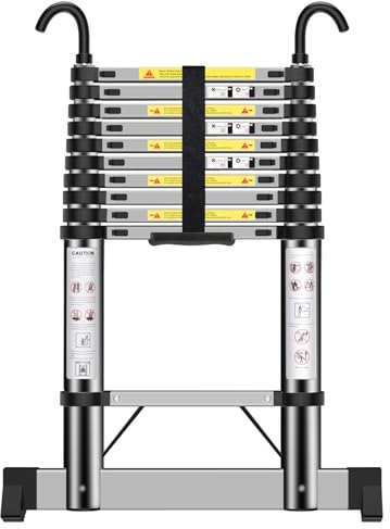 Teleskopleiter 3,2m, Handliche Leiter mit Haken und Stabilisatoren, Höhenverstellbar, für die Tägliche Pflege, Garten, Wohnwagen usw.