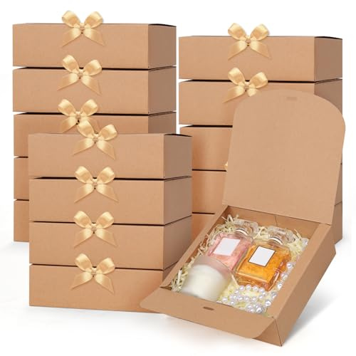 GXFCING 15 Stück Braune Geschenkboxen, Geschenkbox mit Deckel, 16 x 16 x 5cm Geschenkkarton mit Gold Satinband für Hochzeit Geburtstag Weihnachten Party Geschenke Verpackung