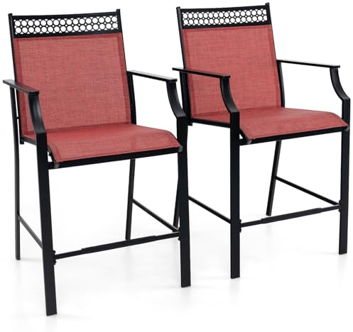 GOPLUS Gartenstuhl 2er Set, Barhocker Barstuhl mit hohe Rückenlehne, Armlehnen & Fußstütze, Balkonstuhl aus Metall bis 180kg belastbar, Terassenstuhl Outdoor für Garten Balkon Pool (Rot)