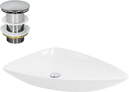 LuxeBath Waschbecken Keramik 690x460x130 mm Weiß mit Ablaufgarnitur Silber, Dreieckiges Aufsatzwaschbecken für Badezimmer und Gäste-WC, Modernes Aufsatzbecken, Waschtisch Waschschale Waschplatz Becken
